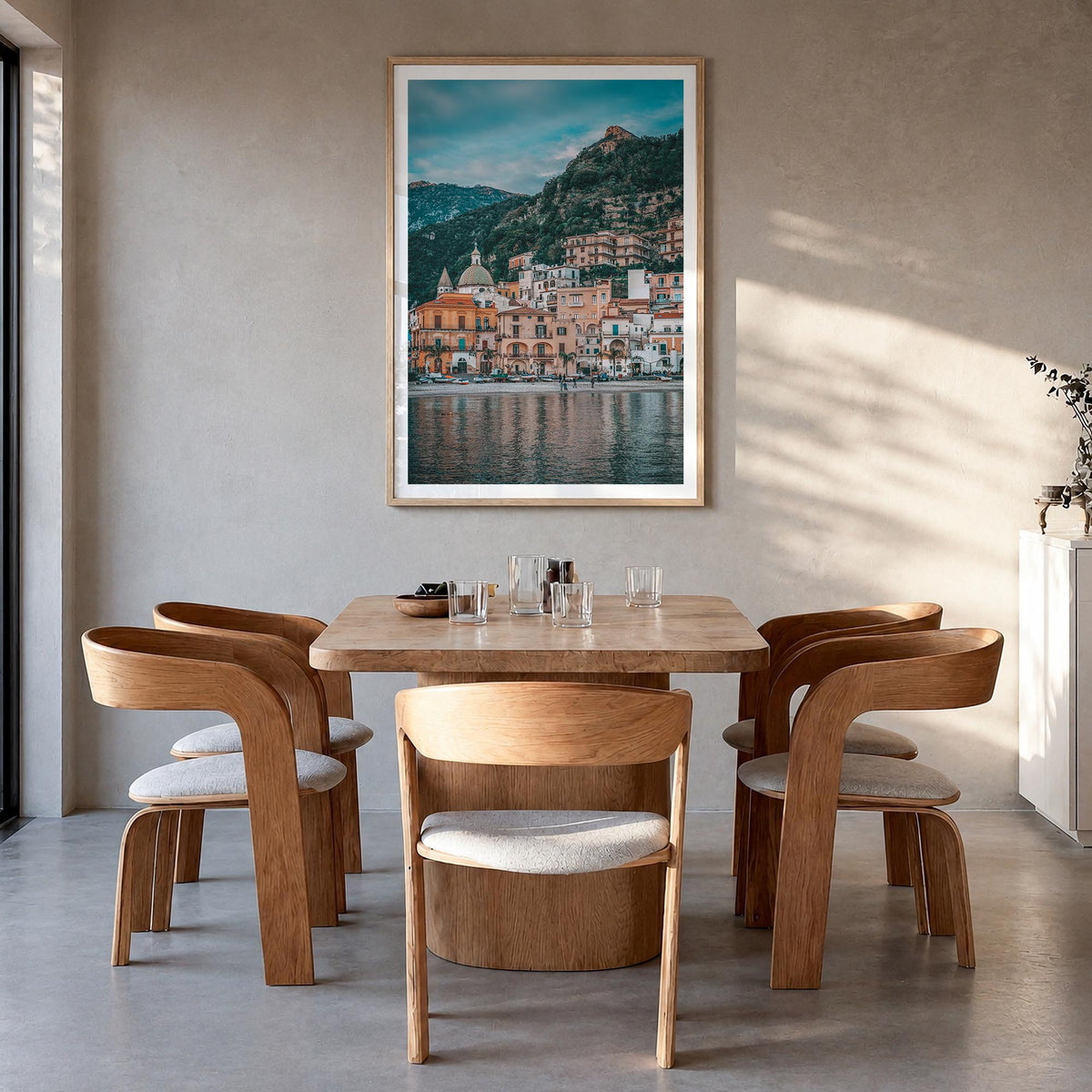 Amalfi Coast no. 2 colorful photo poster of Italy – vertical wall art in natural wood frame with white border, hanging on wal