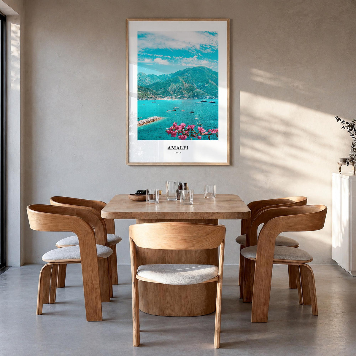 Amalfi colorful classic poster of Italy – vertical wall art in natural wood frame, hanging on wall