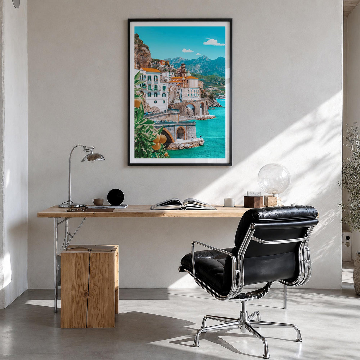 Amalfi no. 1 colorful photo poster of Italy – vertical wall art in black wood frame with white border, hanging on wall