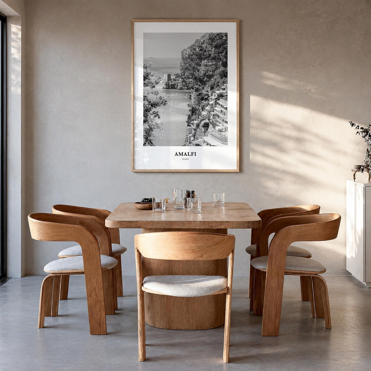 Amalfi no. 2 black & white classic poster of Italy – vertical wall art in natural wood frame, hanging on wall