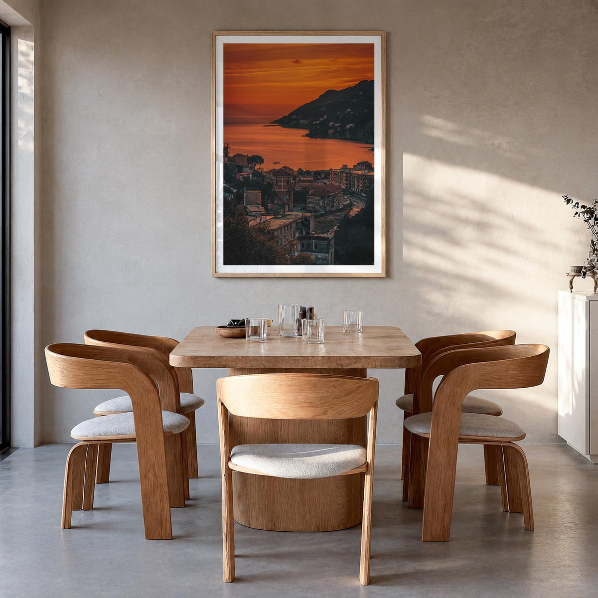 Amalfi no. 2 colorful photo poster of Italy – vertical wall art in natural wood frame with white border, hanging on wall