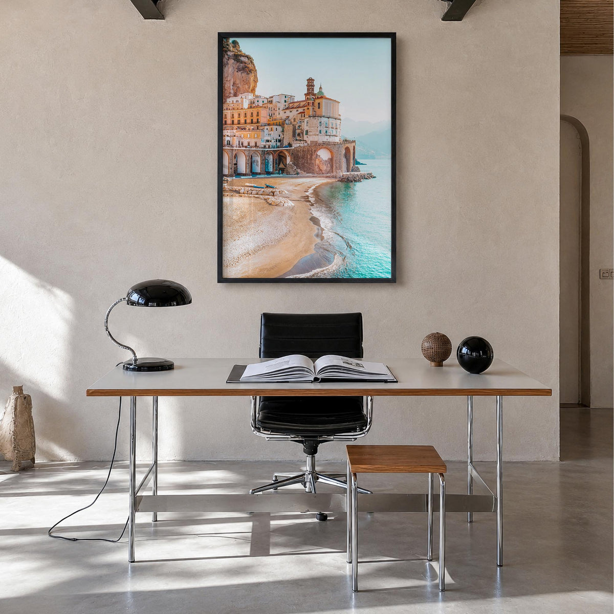 Amalfi no. 3 colorful photo poster of Italy – vertical wall art in black wood frame, hanging on wall