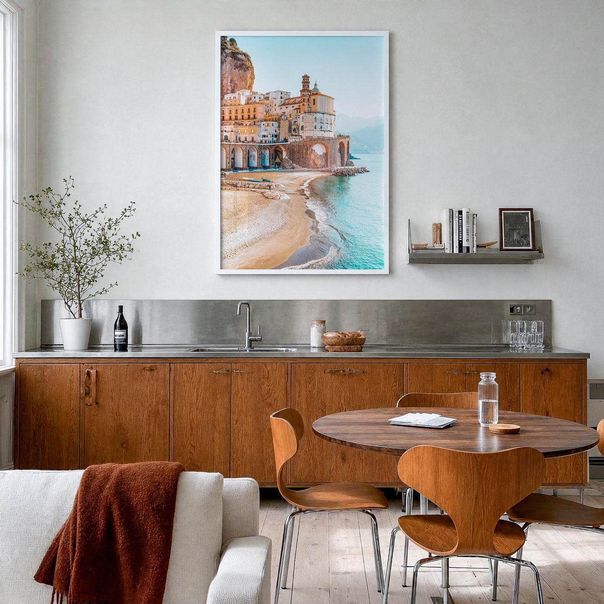 Amalfi no. 3 colorful photo poster of Italy – vertical wall art in white wood frame, hanging on wall