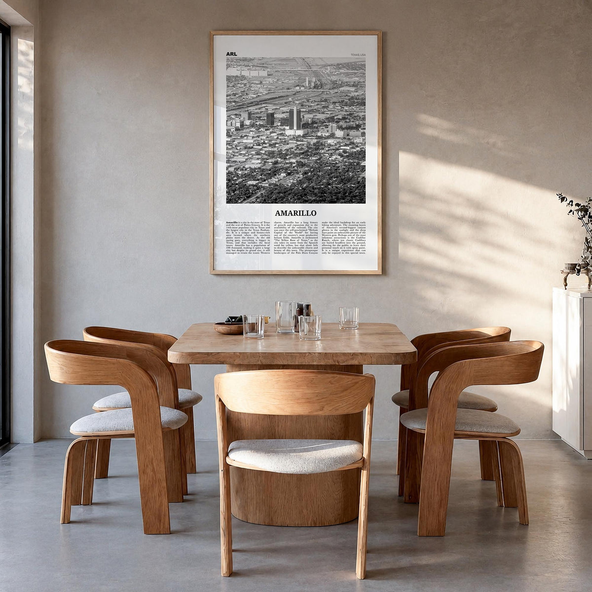 Amarillo black & white newspaper poster of Texas, USA – vertical wall art in natural wood frame, hanging on wall