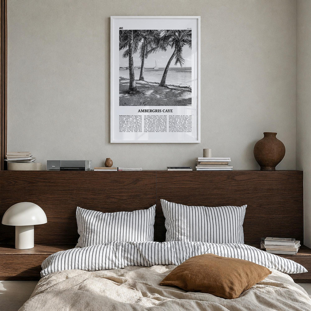 Ambergris Caye black & white newspaper poster of Belize – vertical wall art in white wood frame, hanging on wall
