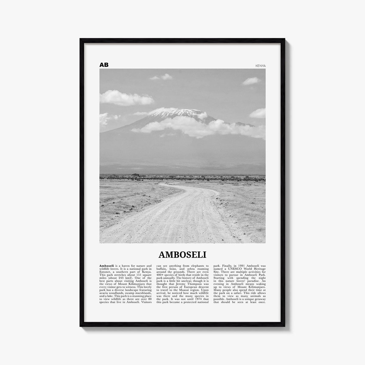 Amboseli black & white newspaper poster of Kenya – vertical wall art, unframed print shown in interior mockup