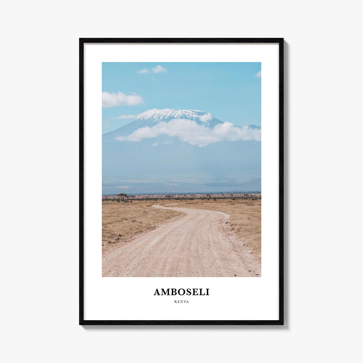 Amboseli colorful classic poster of Kenya – vertical wall art, unframed print shown in interior mockup