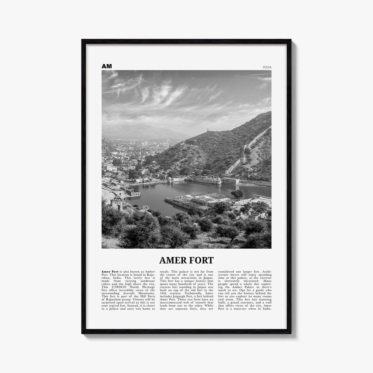 Amer Fort black & white newspaper poster of India – vertical wall art, unframed print shown in interior mockup
