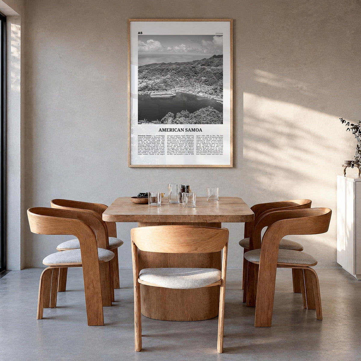 American Samoa black & white newspaper poster of Oceania – vertical wall art in natural wood frame, hanging on wall