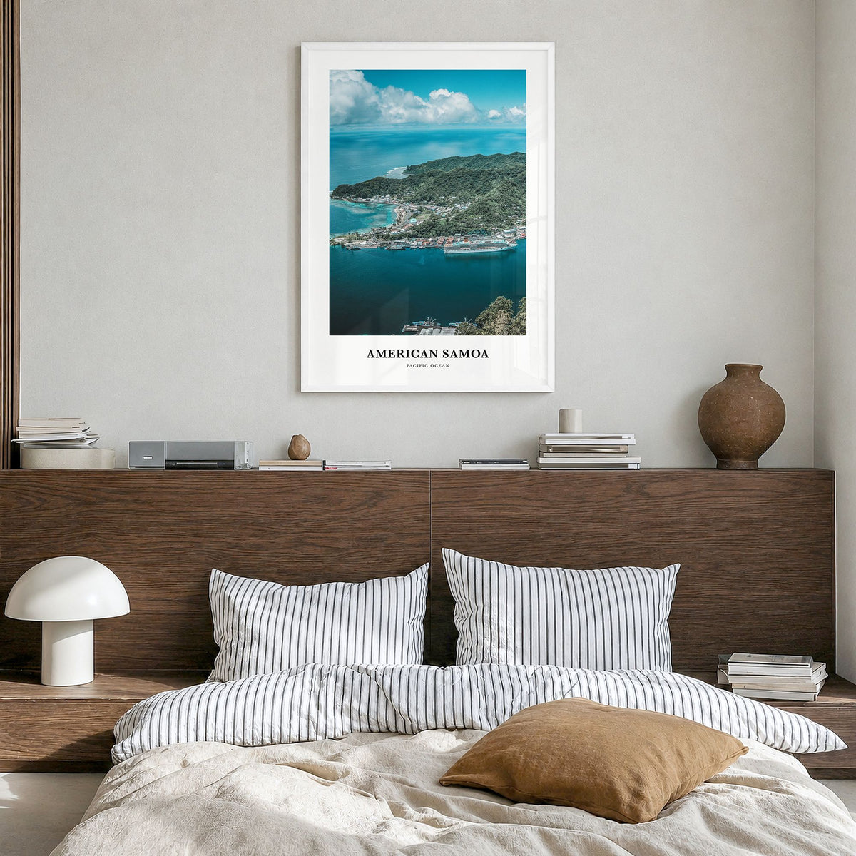 American Samoa Classic Poster in a white wood frame, hanging in a bedroom