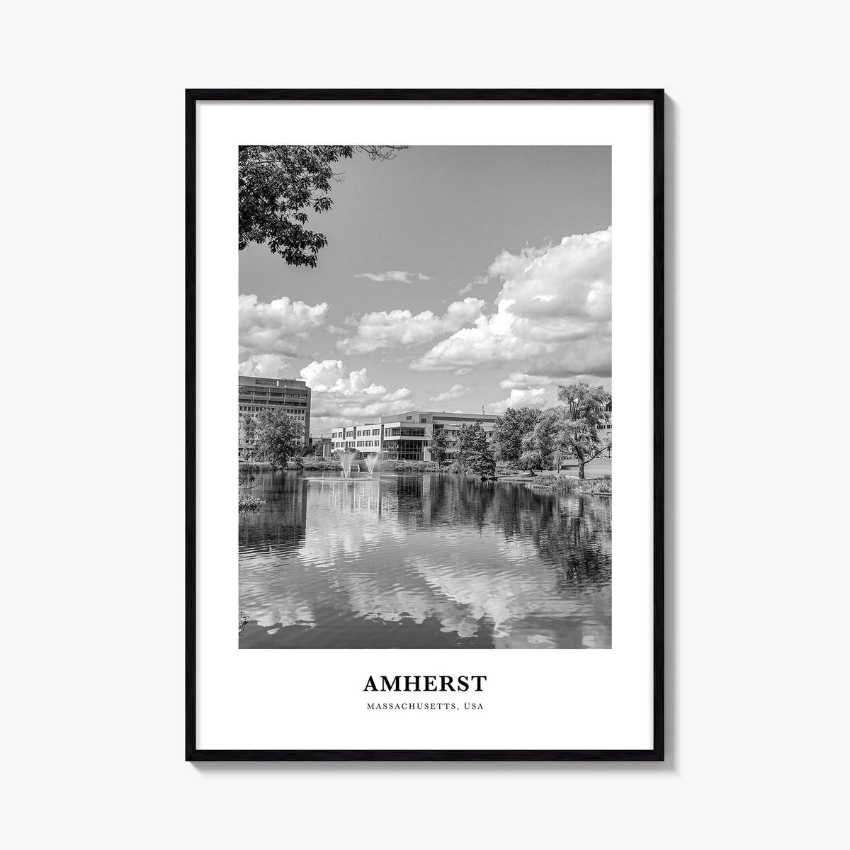 Amherst black & white classic poster of Massachusetts, USA – vertical wall art, unframed print shown in interior mockup
