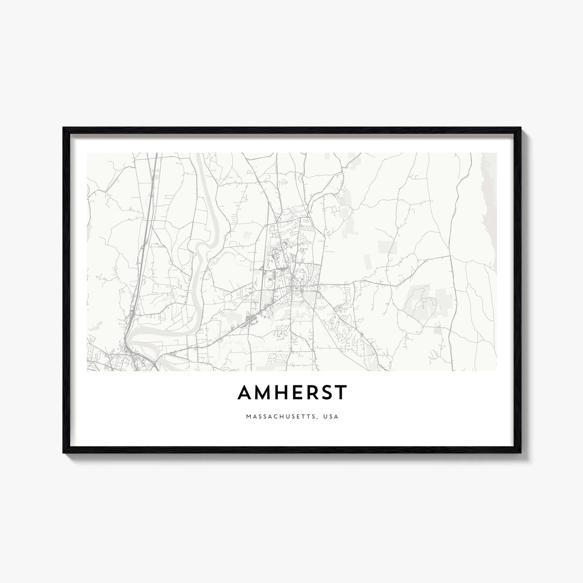 Amherst black & white map poster of Massachusetts, USA – horizontal wall art, unframed print shown in interior mockup