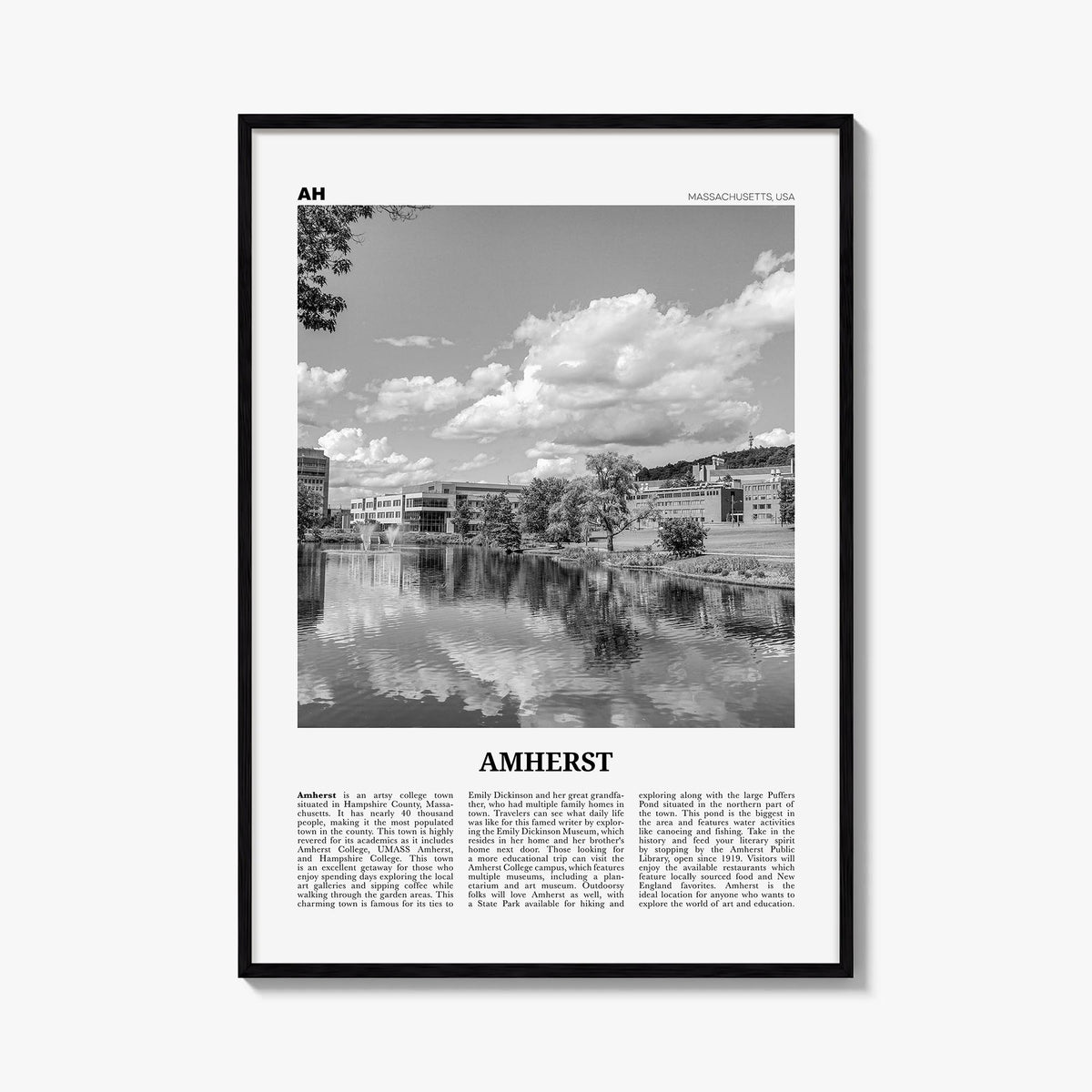 Amherst black & white newspaper poster of Massachusetts, USA – vertical wall art, unframed print shown in interior mockup
