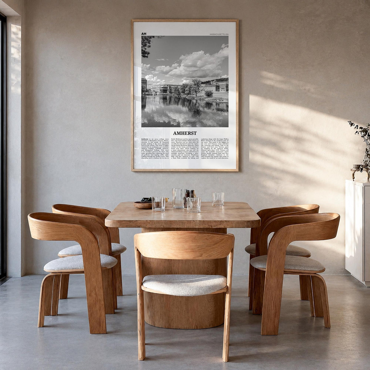 Amherst black & white newspaper poster of Massachusetts, USA – vertical wall art in natural wood frame, hanging on wall