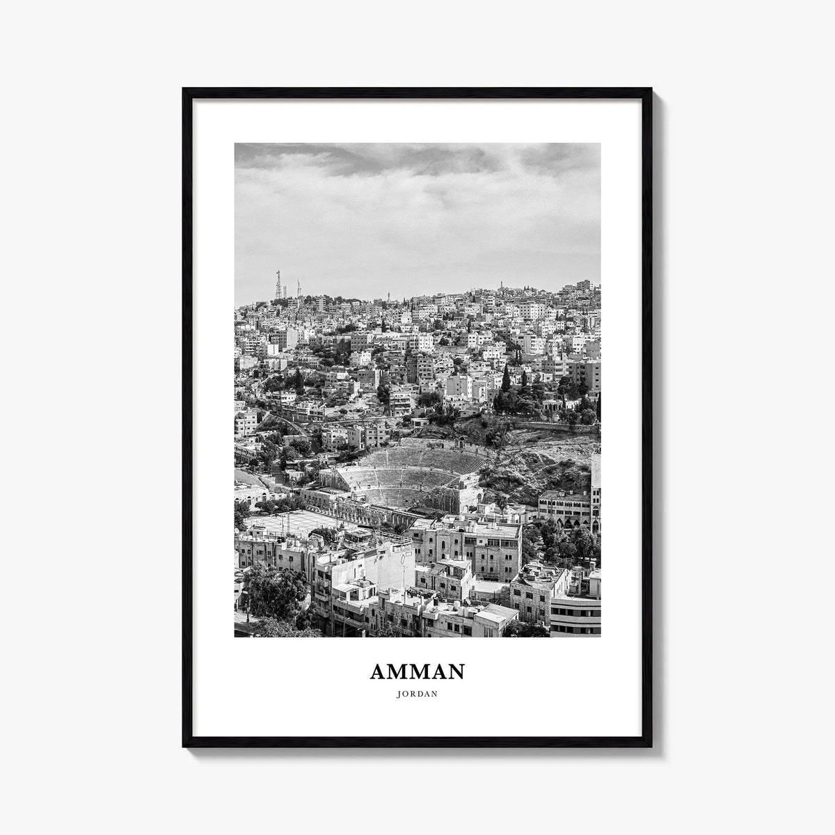 Amman black & white classic poster of Jordan – vertical wall art, unframed print shown in interior mockup