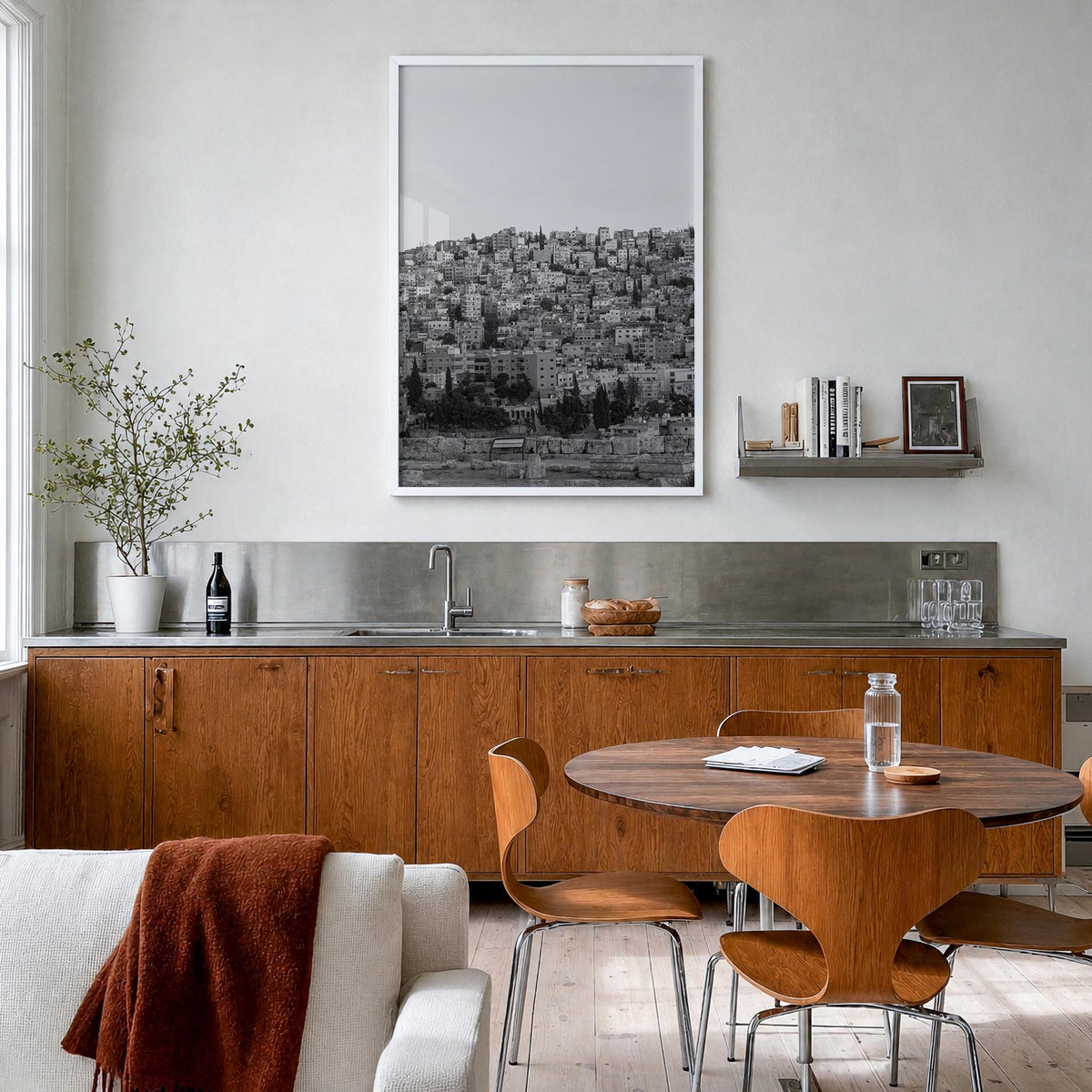 Amman black & white photo poster of Jordan – vertical wall art in white wood frame, hanging on wall