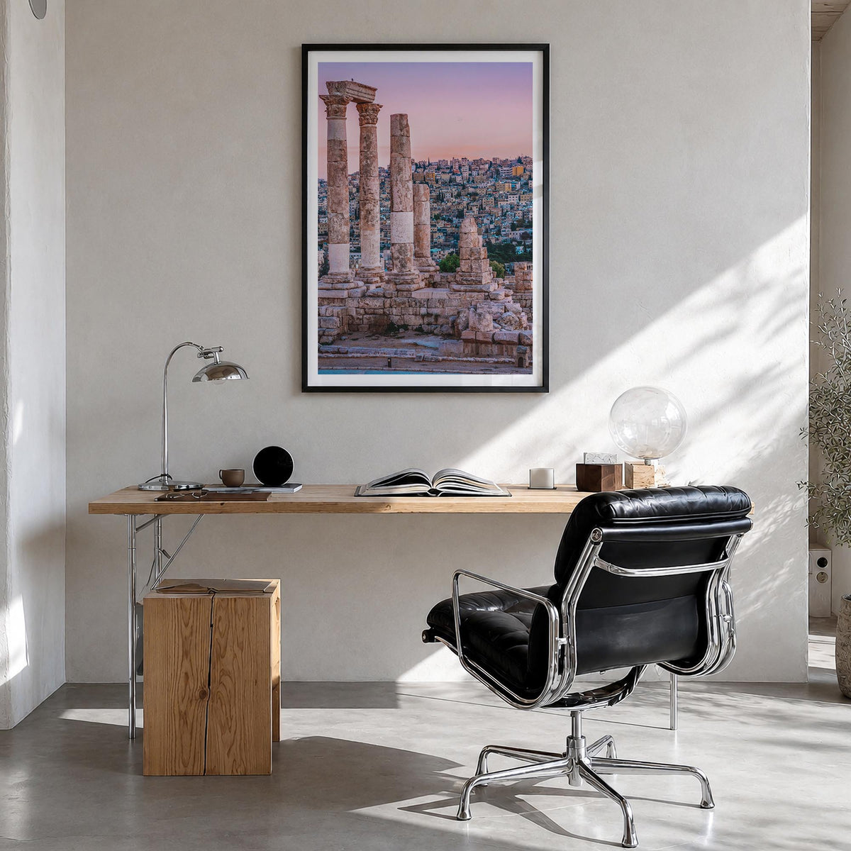 Amman colorful photo poster of Jordan – vertical wall art in black wood frame with white border, hanging on wall