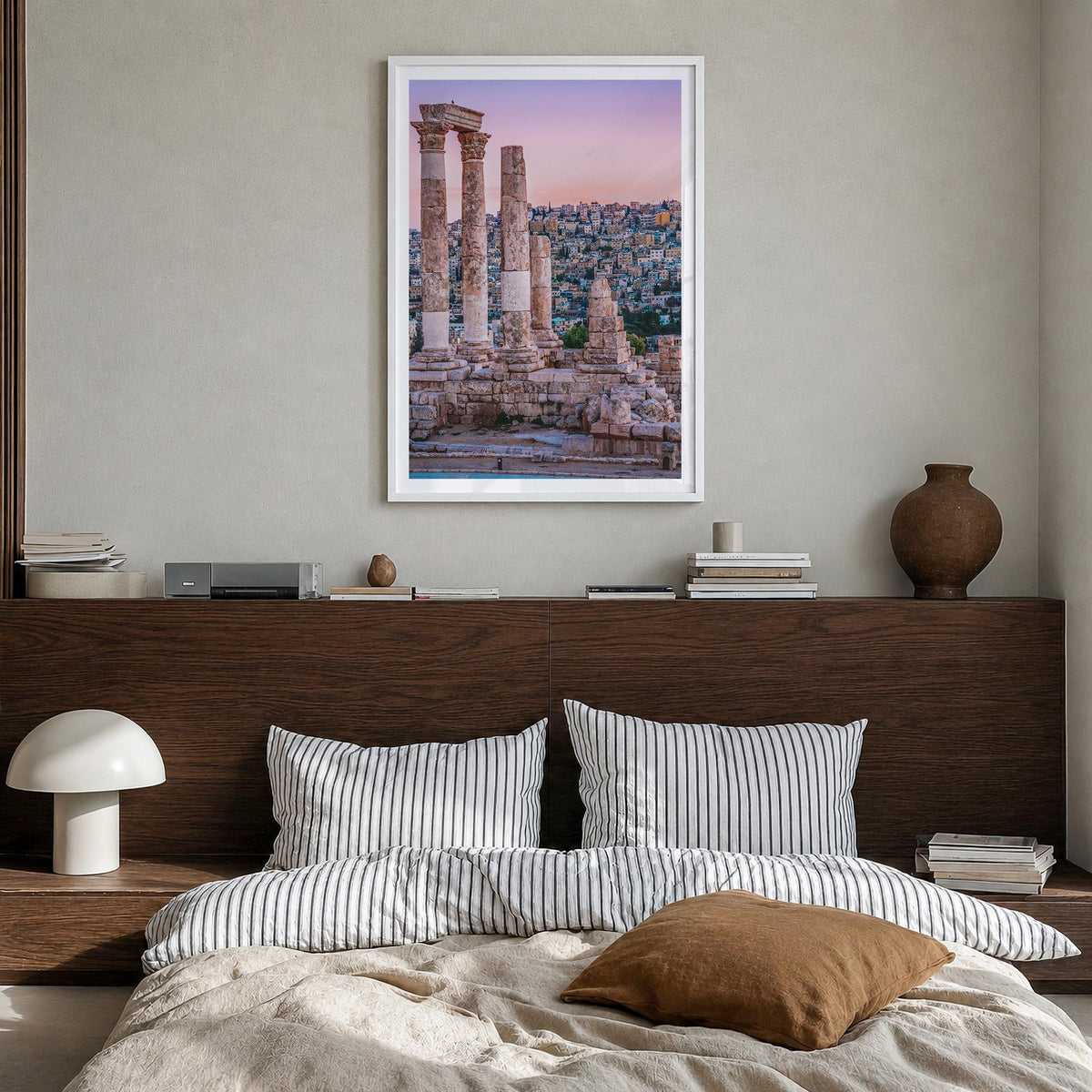 Amman colorful photo poster of Jordan – vertical wall art in white wood frame with white border, hanging on wall