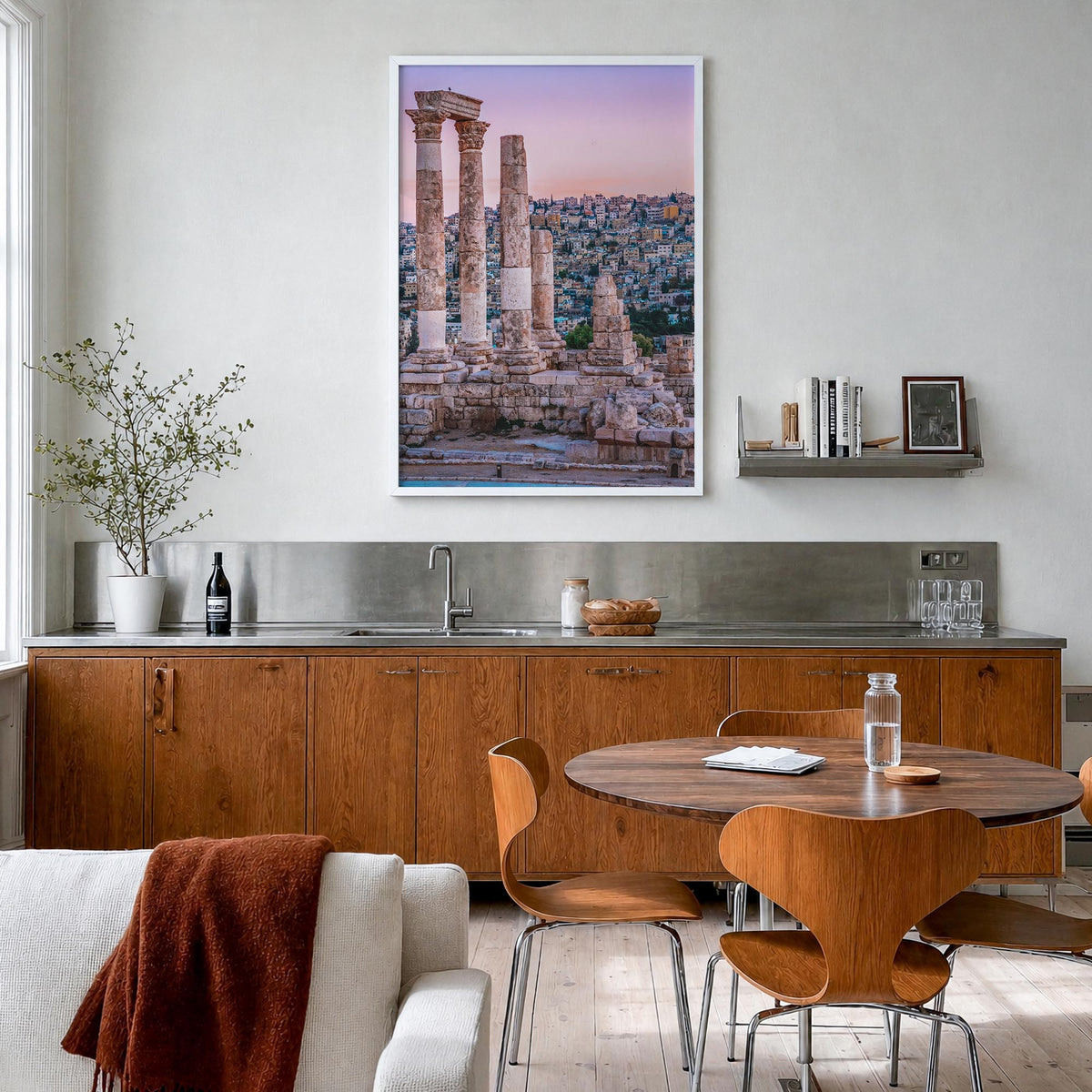 Amman colorful photo poster of Jordan – vertical wall art in white wood frame, hanging on wall