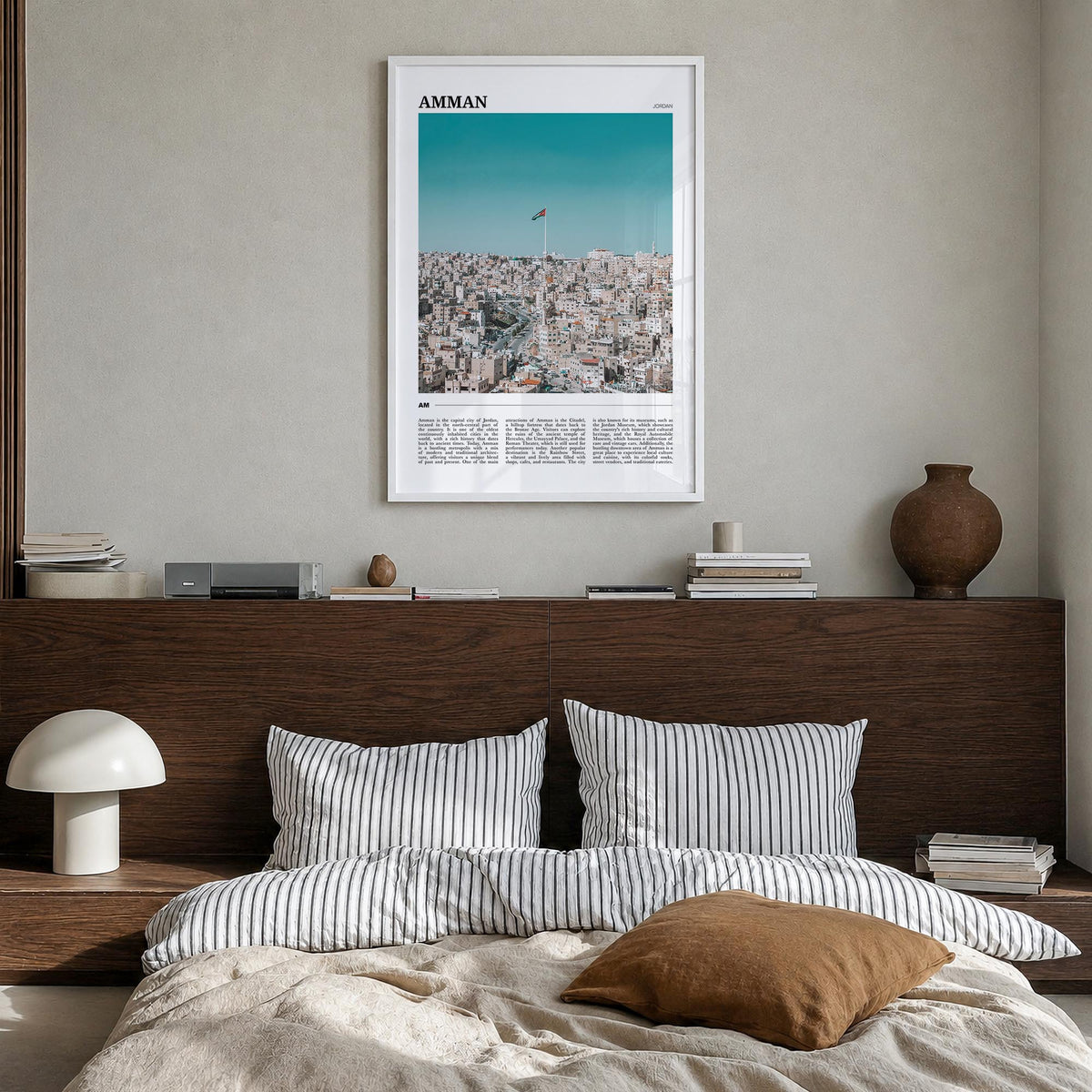 Amman colorful travel poster of Jordan – vertical wall art in white wood frame, hanging on wall