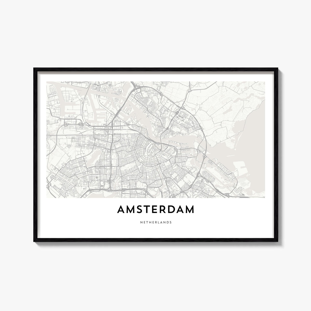 Amsterdam black & white map poster of Netherlands – horizontal wall art, unframed print shown in interior mockup