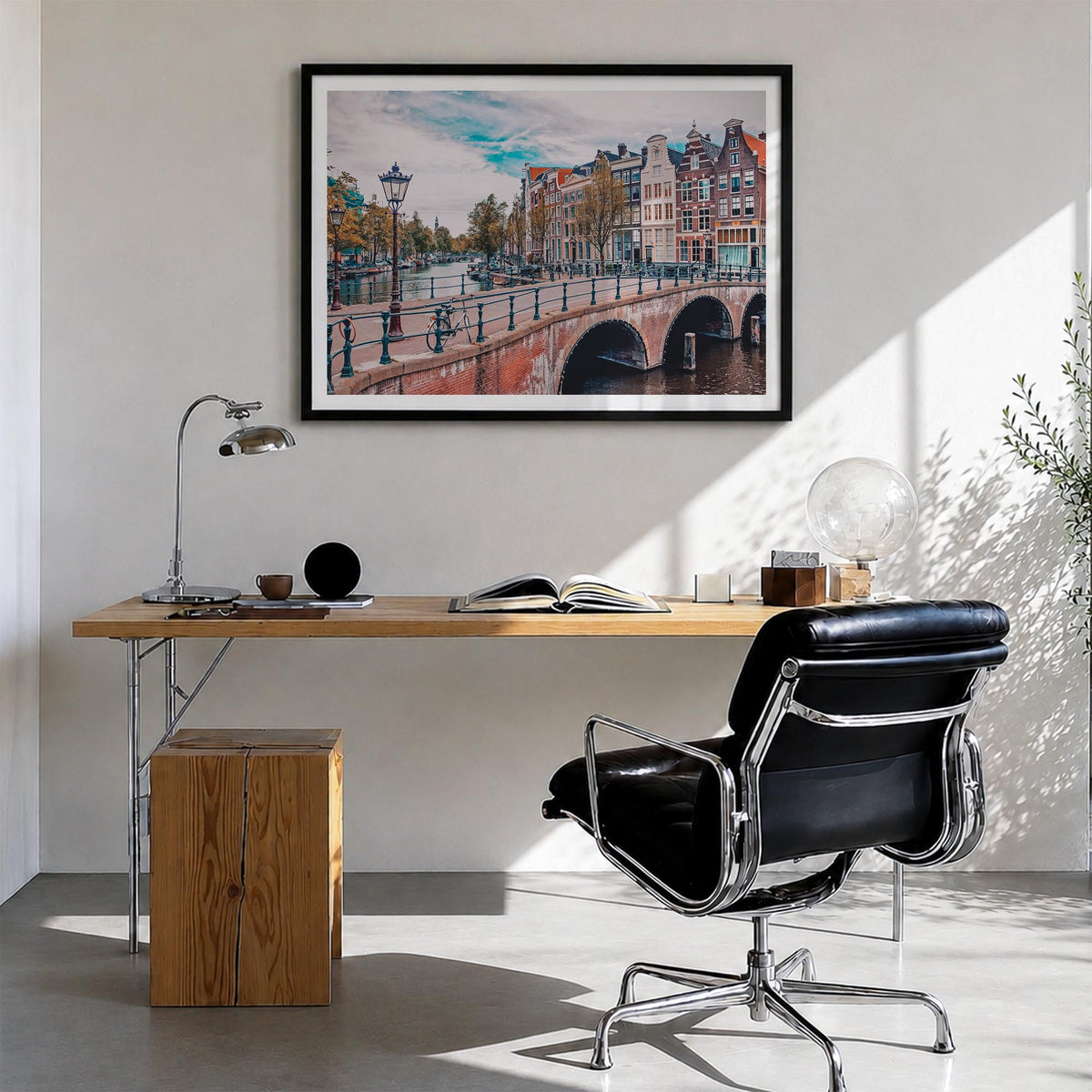 Amsterdam colorful photo poster of Netherlands – horizontal wall art in black wood frame with white border, hanging on wall