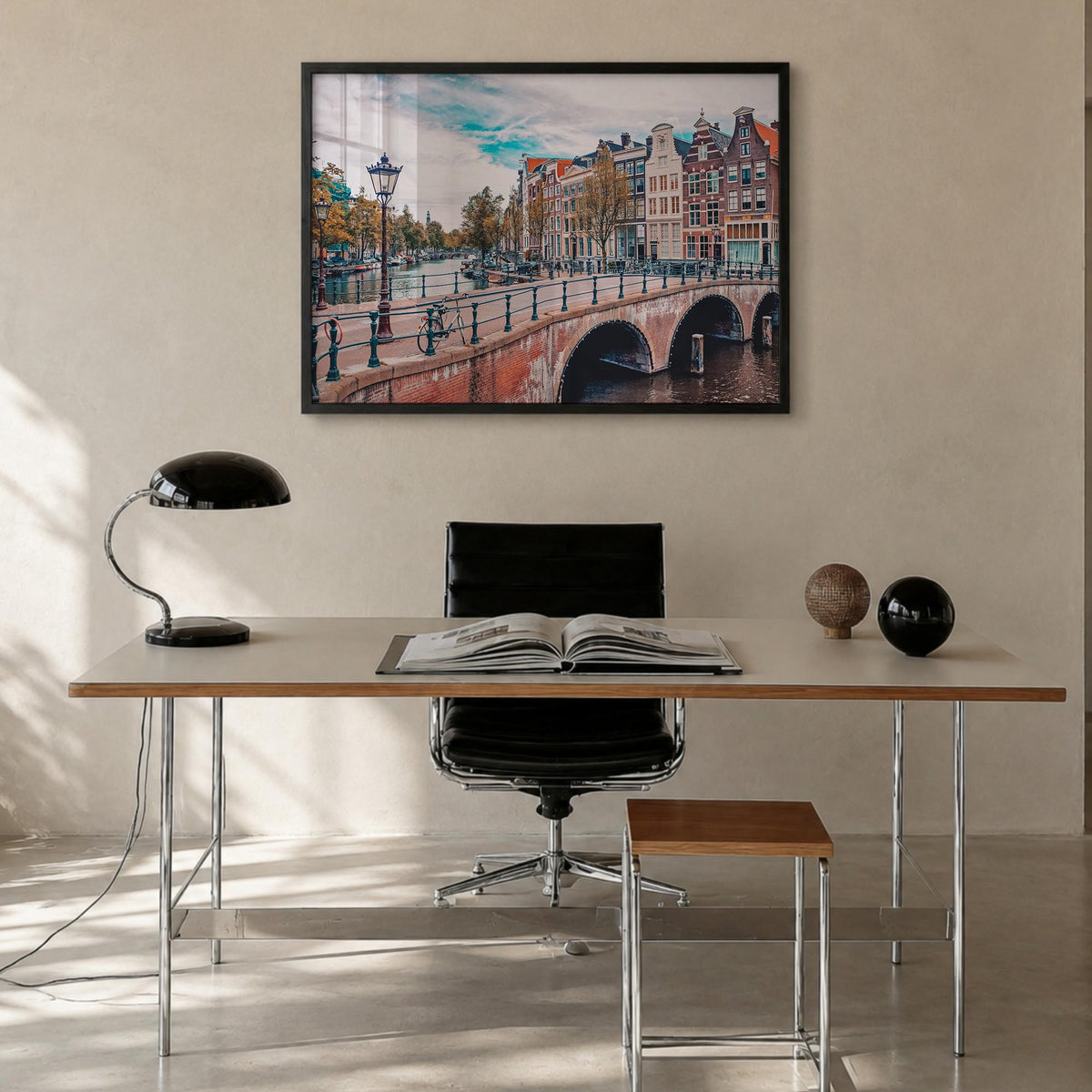 Amsterdam colorful photo poster of Netherlands – horizontal wall art in black wood frame, hanging on wall