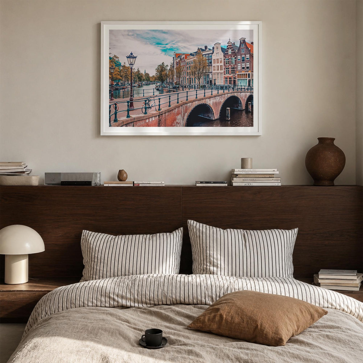 Amsterdam colorful photo poster of Netherlands – horizontal wall art in white wood frame with white border, hanging on wall