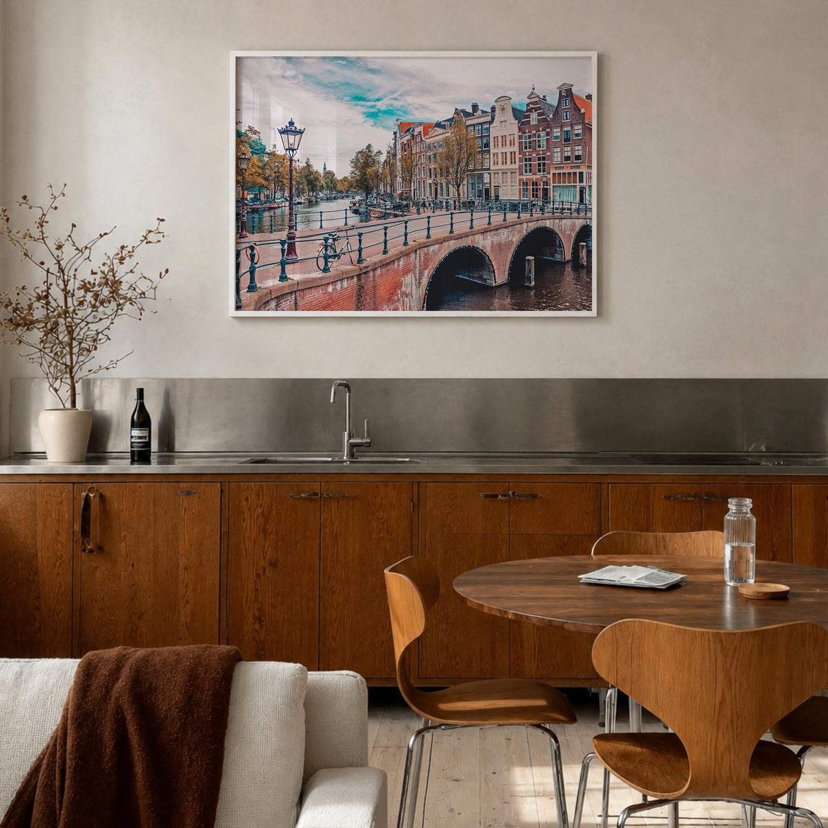 Amsterdam colorful photo poster of Netherlands – horizontal wall art in white wood frame, hanging on wall