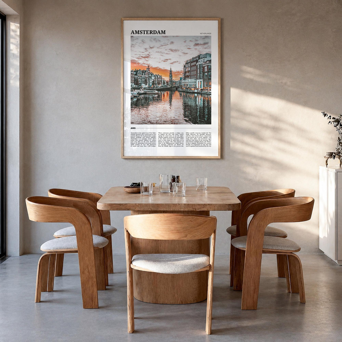 Amsterdam colorful travel poster of Netherlands – vertical wall art in natural wood frame, hanging on wall