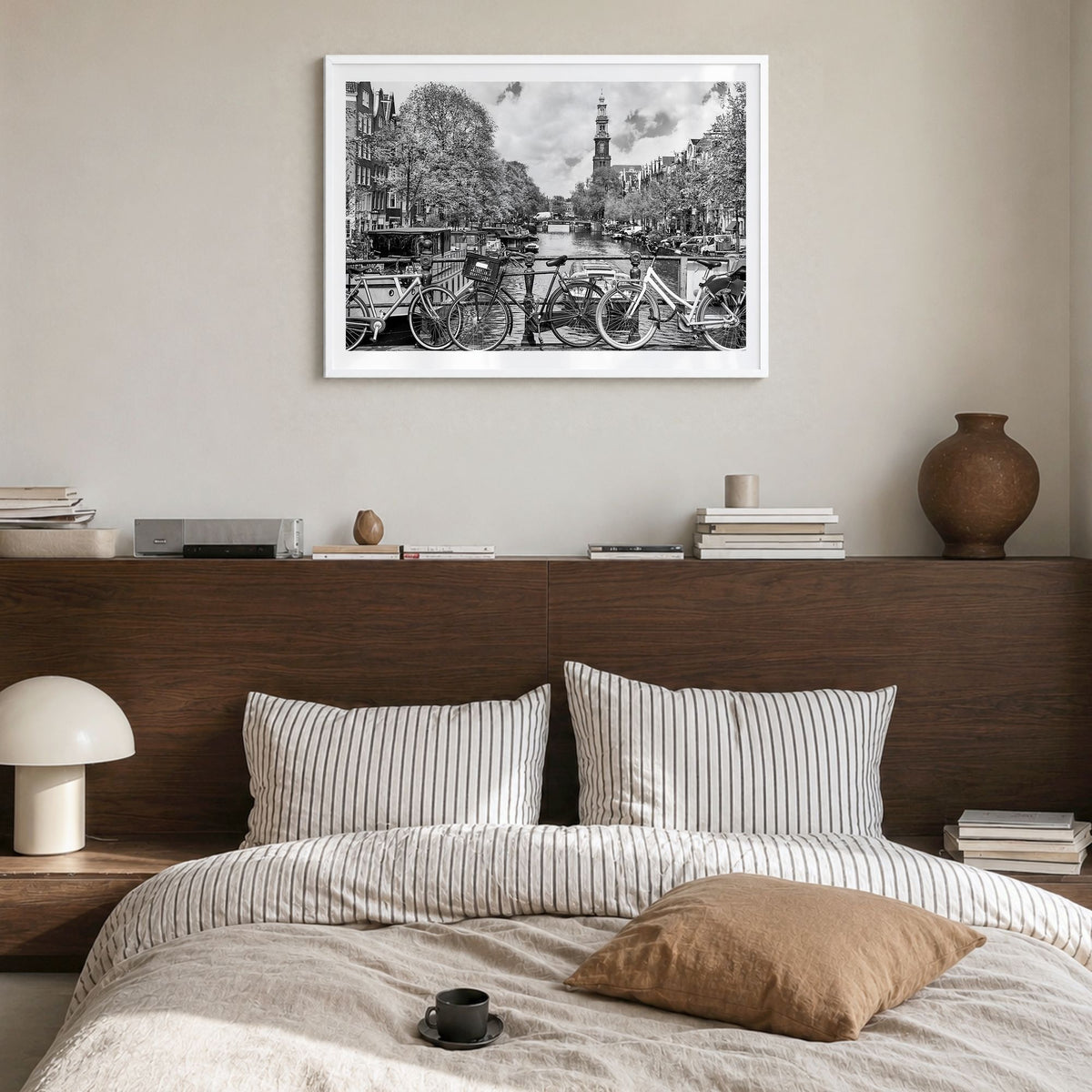 Amsterdam Photo No 1 Poster in a white wood frame, hanging in a bedroom, white border