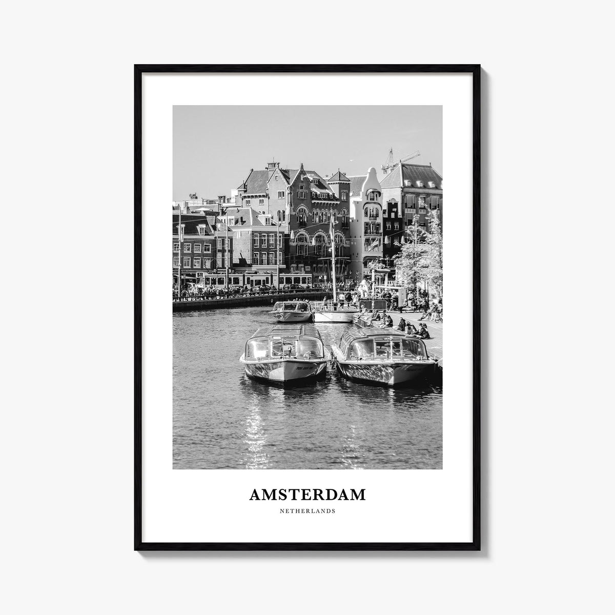 Amsterdam no. 1 black & white classic poster of Netherlands – vertical wall art, unframed print shown in interior mockup