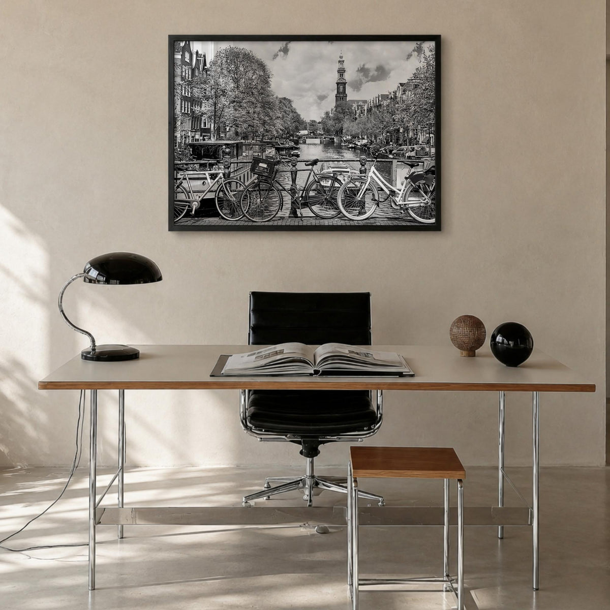 Amsterdam no. 1 black & white photo poster of Netherlands – horizontal wall art in black wood frame, hanging on wall