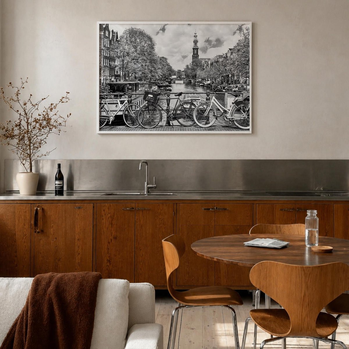 Amsterdam no. 1 black & white photo poster of Netherlands – horizontal wall art in white wood frame, hanging on wall