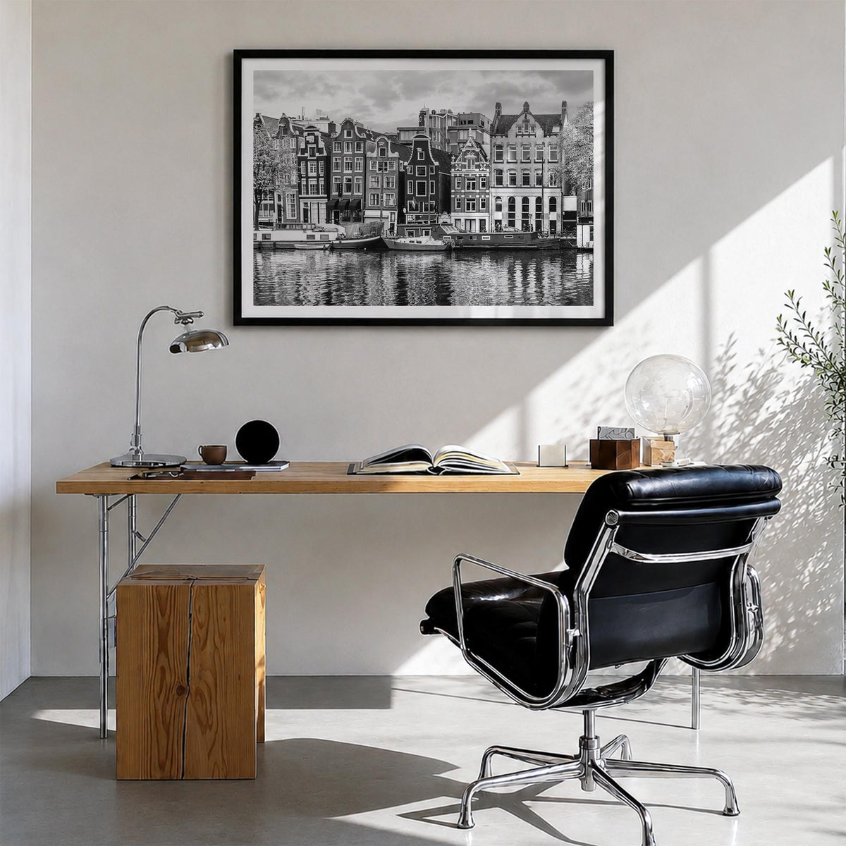 Amsterdam no. 2 black & white photo poster of Netherlands – horizontal wall art in black wood frame with white border, hangin