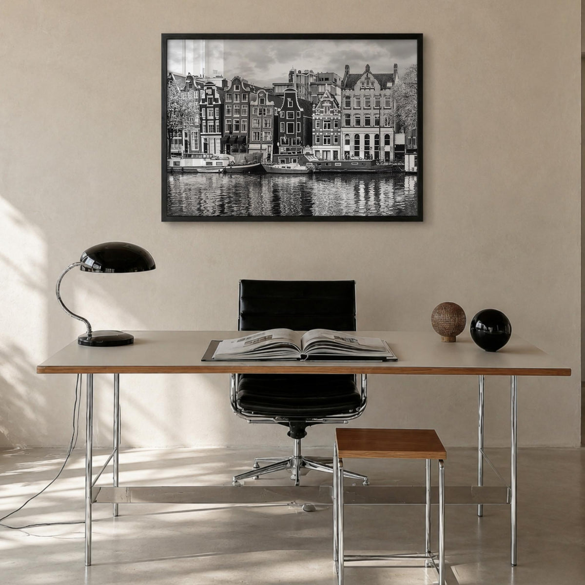 Amsterdam no. 2 black & white photo poster of Netherlands – horizontal wall art in black wood frame, hanging on wall