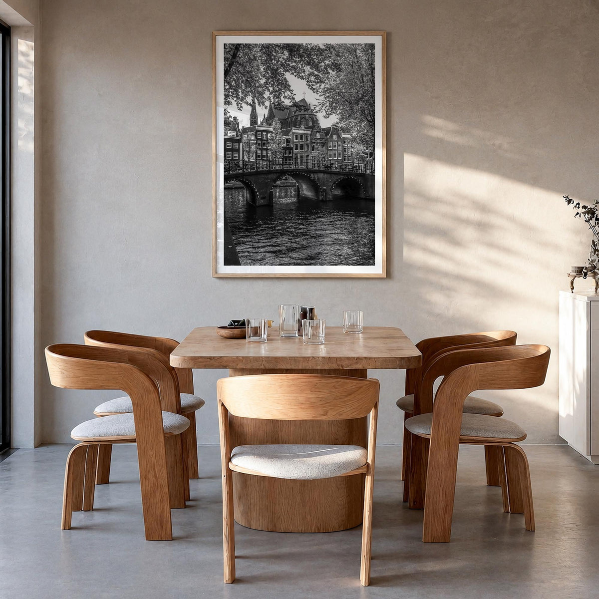 Amsterdam no. 2 black & white photo poster of Netherlands – vertical wall art in natural wood frame with white border, hangin