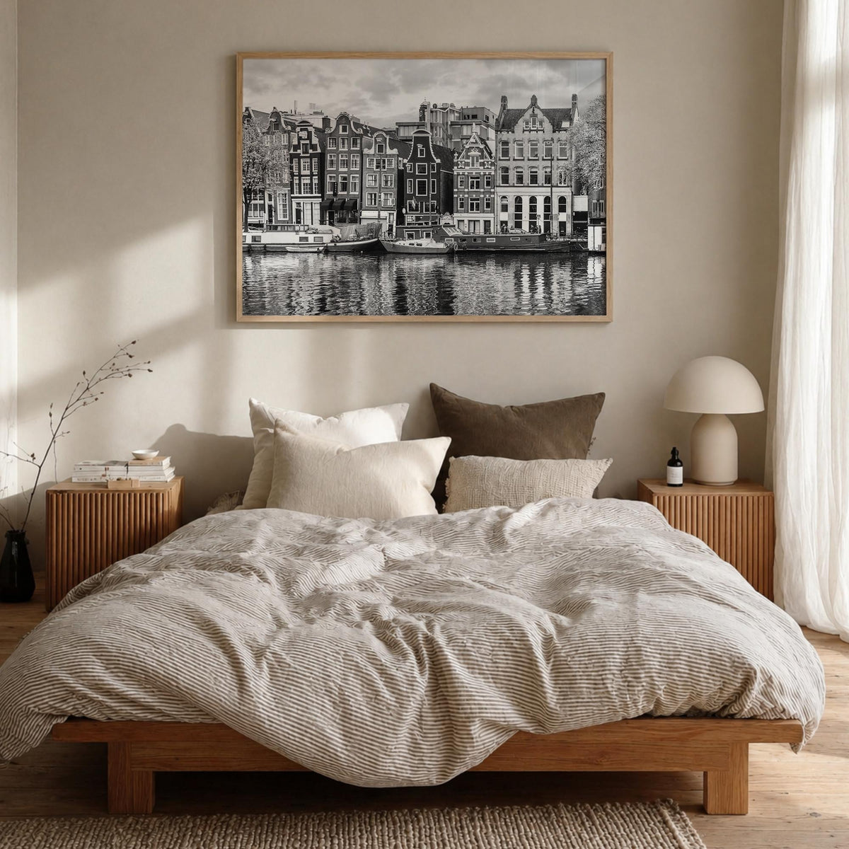 Amsterdam no. 2 black & white photo poster of Netherlands – horizontal wall art in natural wood frame, hanging on wall