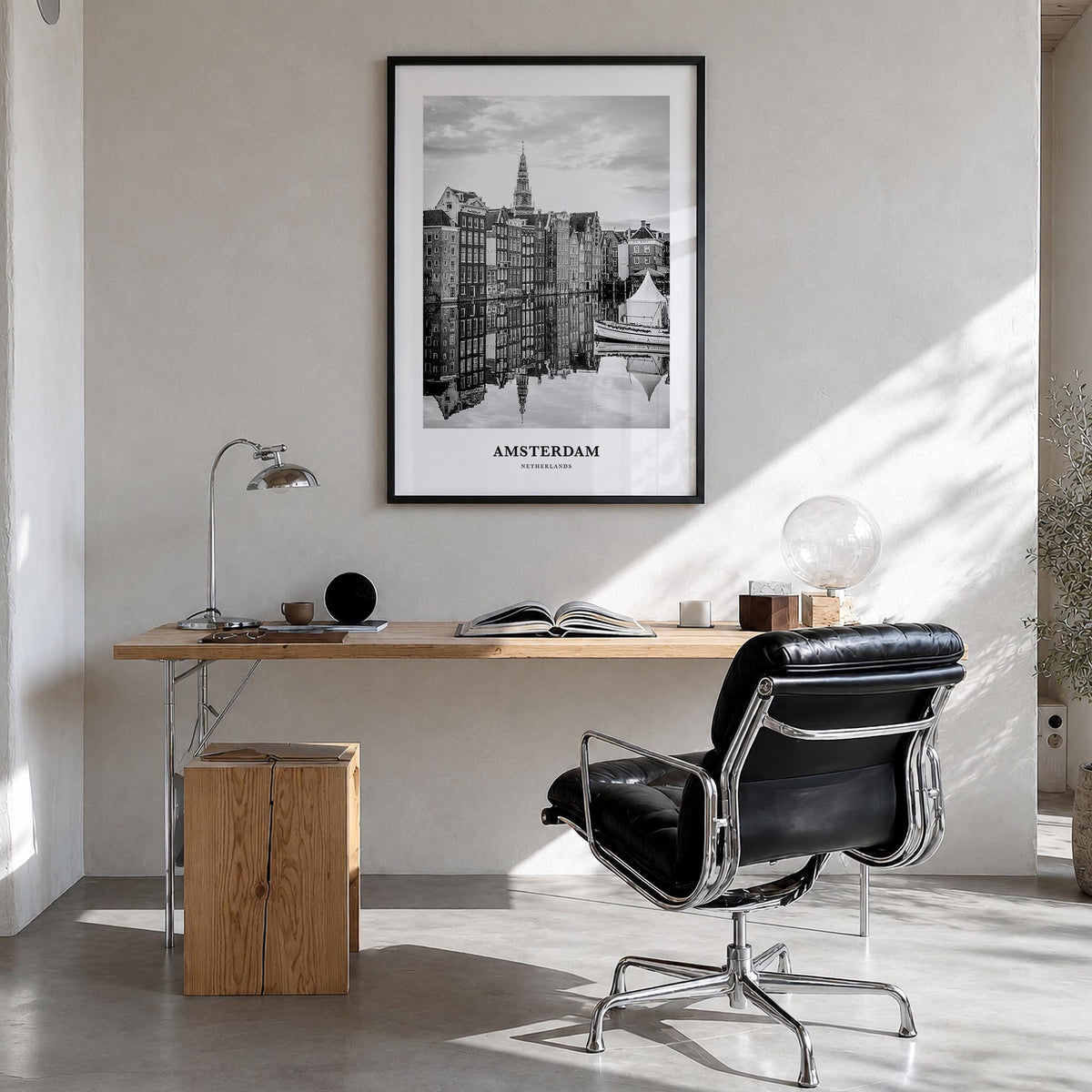 Amsterdam no. 3 black & white classic poster of Netherlands – vertical wall art in black wood frame, hanging on wall