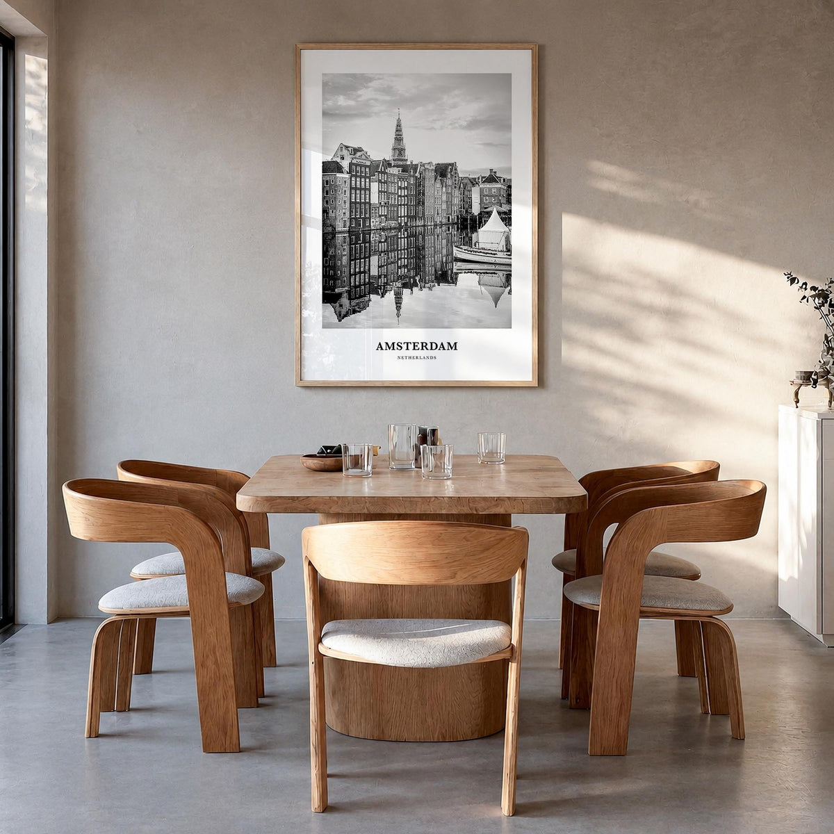 Amsterdam no. 3 black & white classic poster of Netherlands – vertical wall art in natural wood frame, hanging on wall