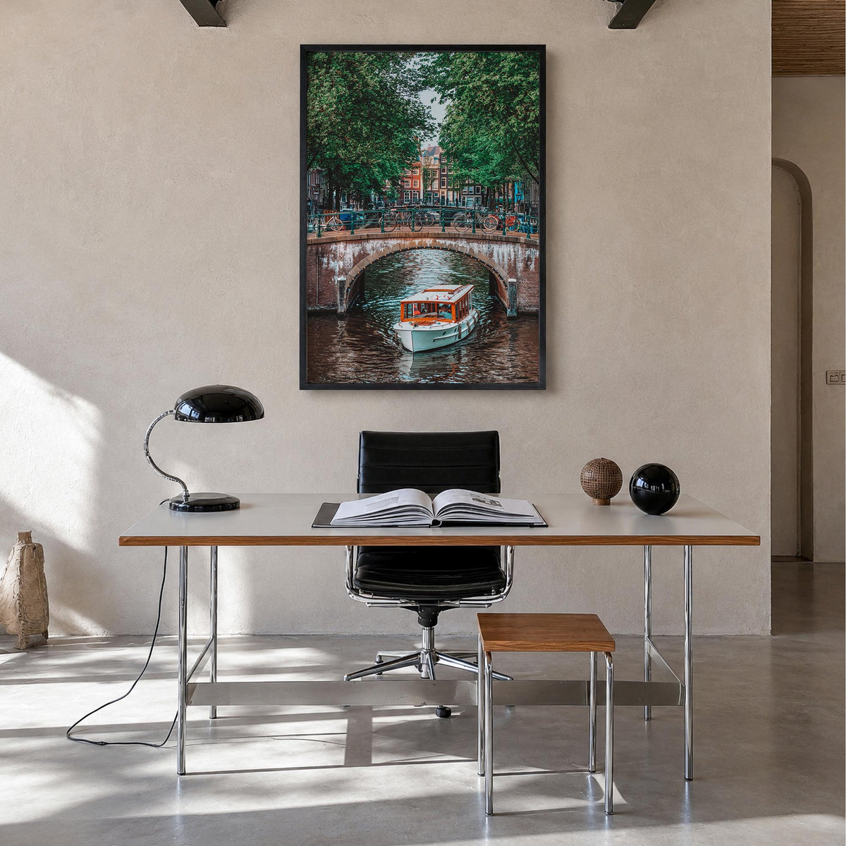 Amsterdam no. 3 colorful photo poster of Netherlands – vertical wall art in black wood frame, hanging on wall