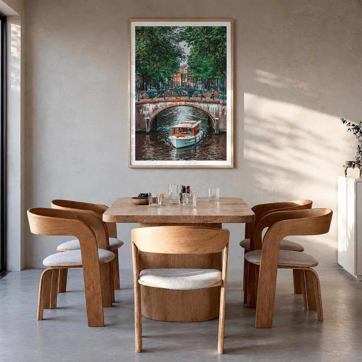 Amsterdam no. 3 colorful photo poster of Netherlands – vertical wall art in natural wood frame with white border, hanging on