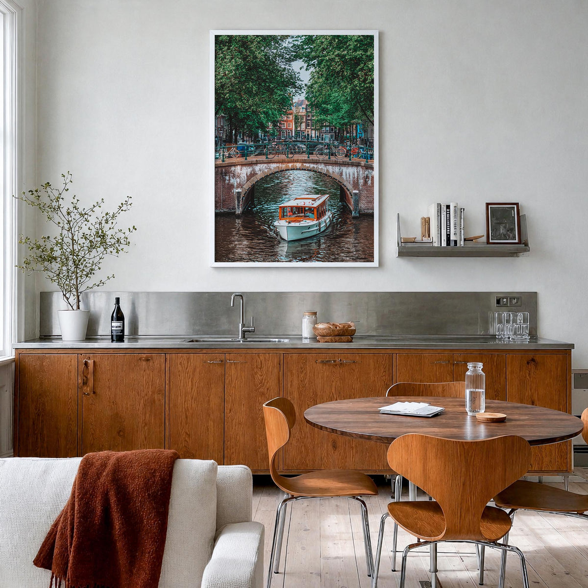 Amsterdam no. 3 colorful photo poster of Netherlands – vertical wall art in white wood frame, hanging on wall