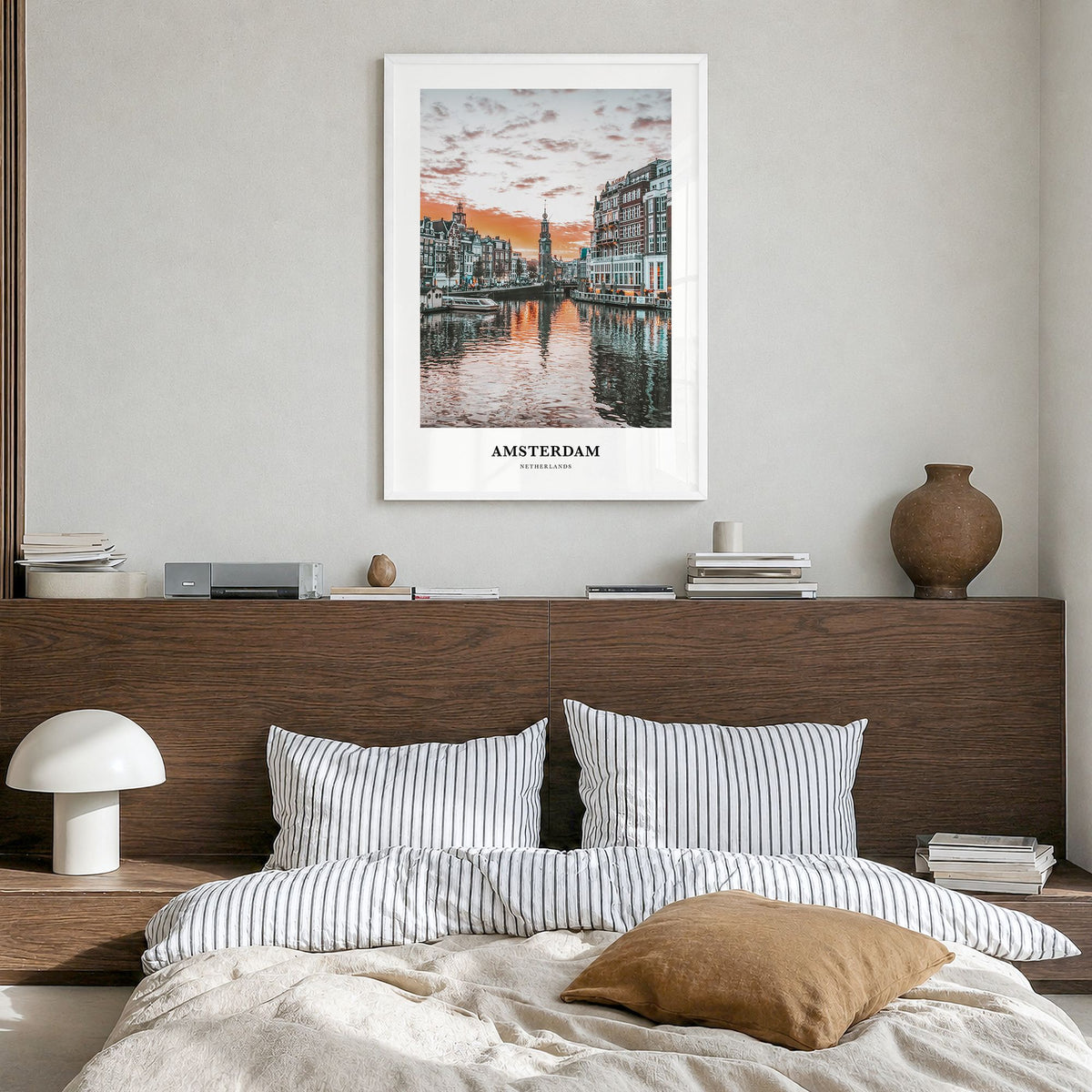 Amsterdam Classic Poster in a white wood frame, hanging in a bedroom