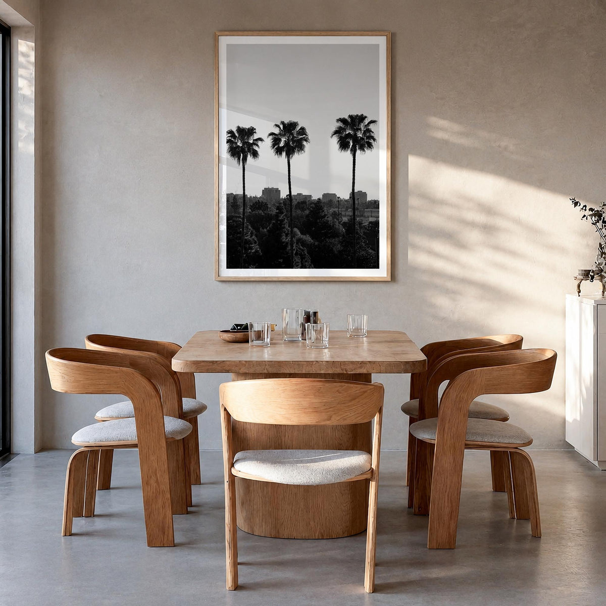 Anaheim black & white photo poster of California, USA – vertical wall art in natural wood frame with white border, hanging on