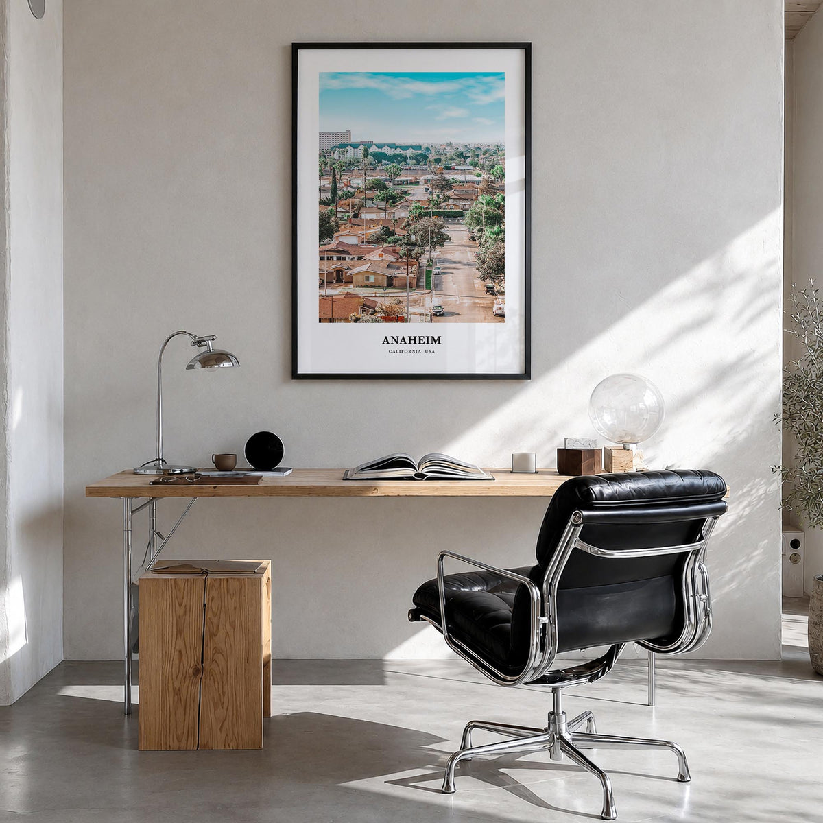 Anaheim colorful classic poster of California, USA – vertical wall art in black wood frame, hanging on wall