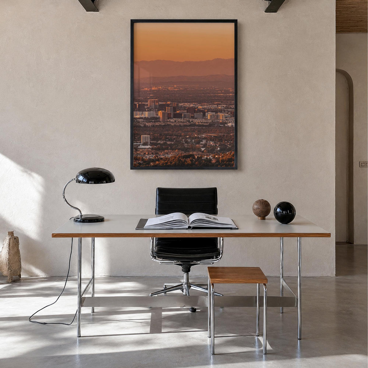 Anaheim colorful photo poster of California, USA – vertical wall art in black wood frame, hanging on wall