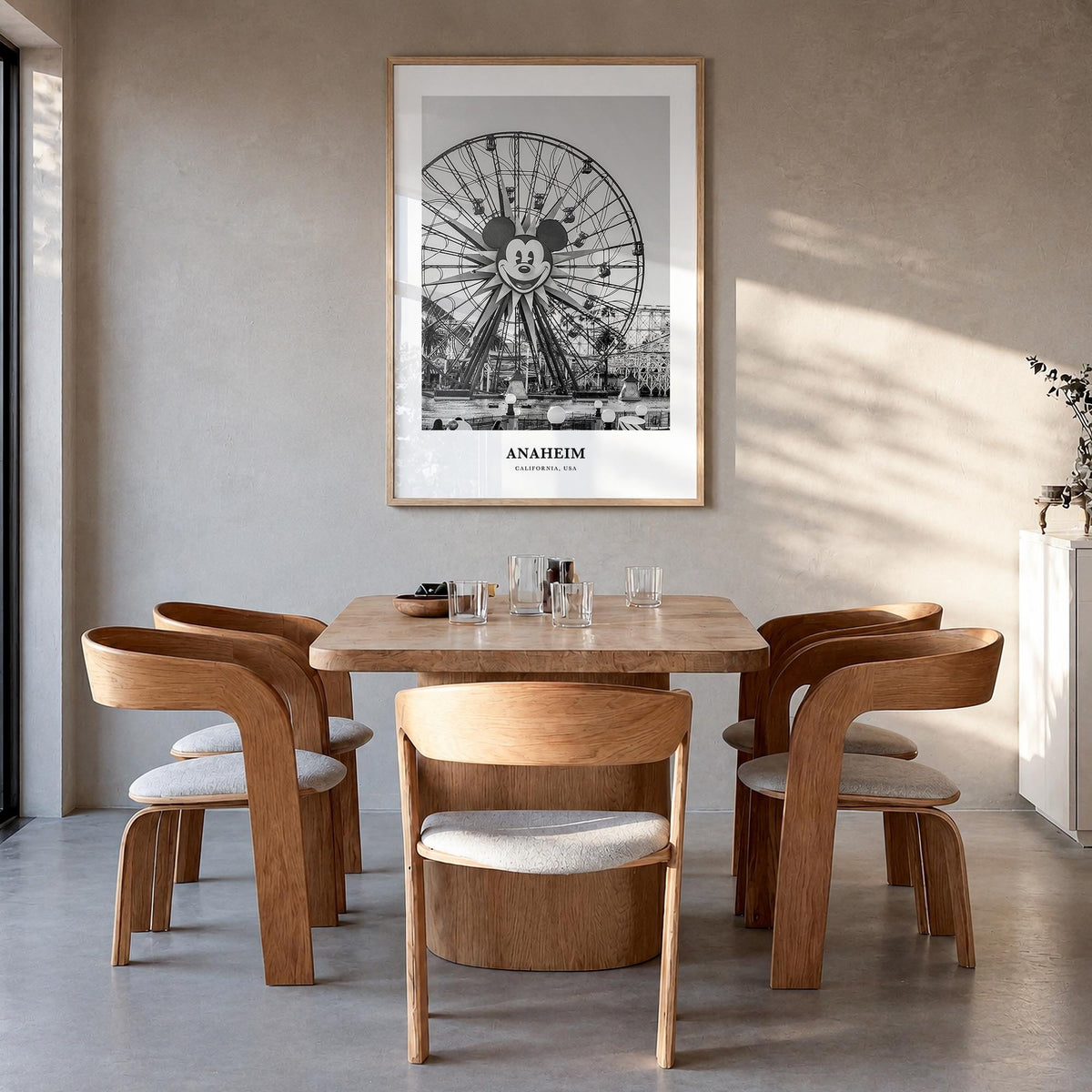 Anaheim no. 2 black & white classic poster of California, USA – vertical wall art in natural wood frame, hanging on wall
