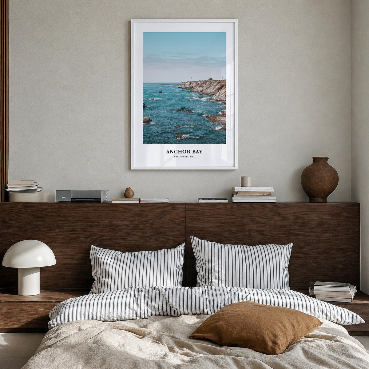 Anchor Bay colorful classic poster of California, USA – vertical wall art in white wood frame, hanging on wall