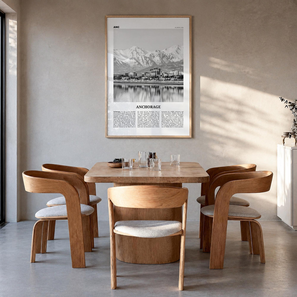 Anchorage black & white newspaper poster of Alaska, USA – vertical wall art in natural wood frame, hanging on wall